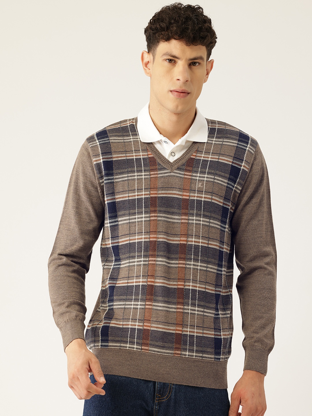 

Monte Carlo Checked Woollen Pullover Sweater, Taupe