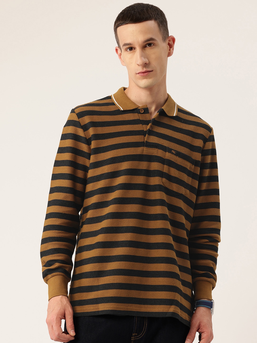 

Monte Carlo Striped Polo Collar Pure Cotton T-shirt, Brown