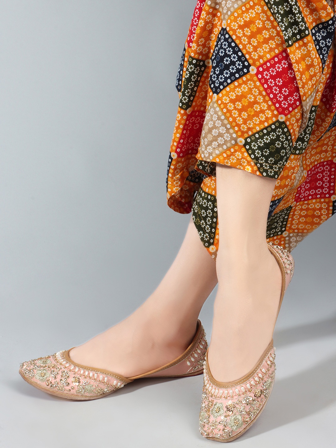 

Sole Saga Women Leather Slip on Ethnic Mojaris Flats With Ethnic - Embellished, Peach