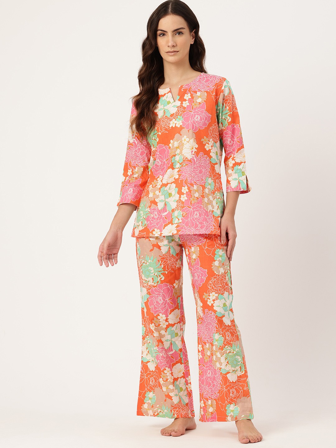 

ETC Floral Printed Pure Cotton Night Suit, Orange