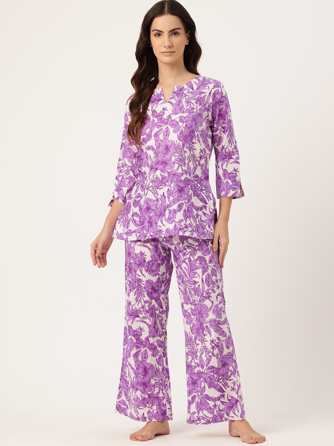 

ETC Floral Printed Pure Cotton Night Suit, Purple