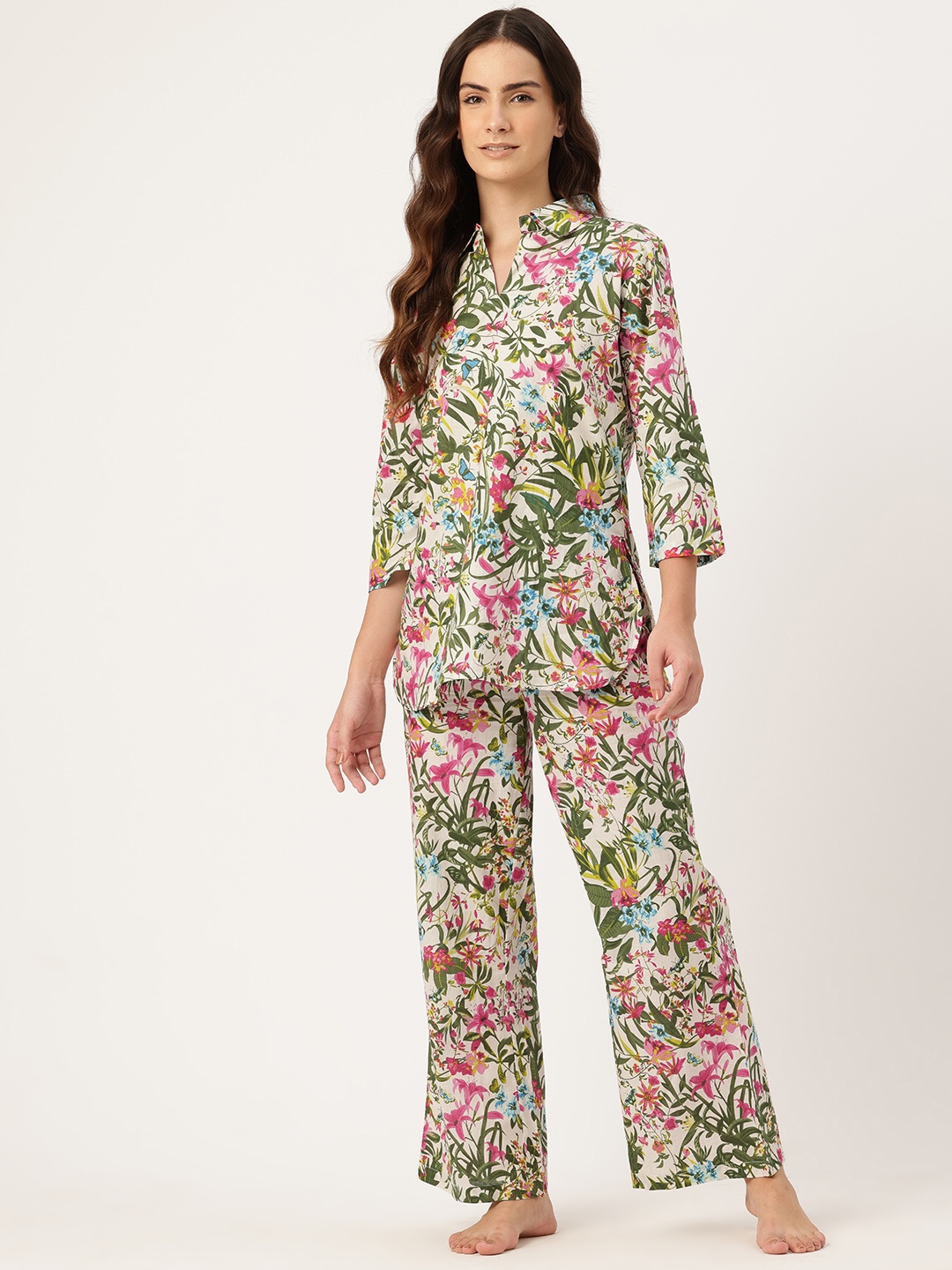 

ETC Floral Printed Pure Cotton Night Suit, Green