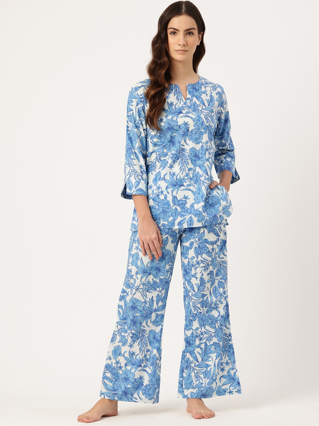 

ETC Floral Printed Pure Cotton Night Suit, Blue
