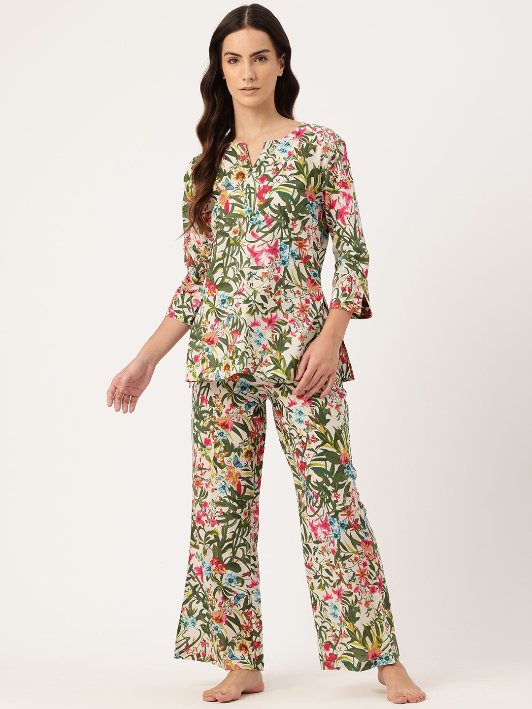 

ETC Floral Printed Pure Cotton Night Suit, Green