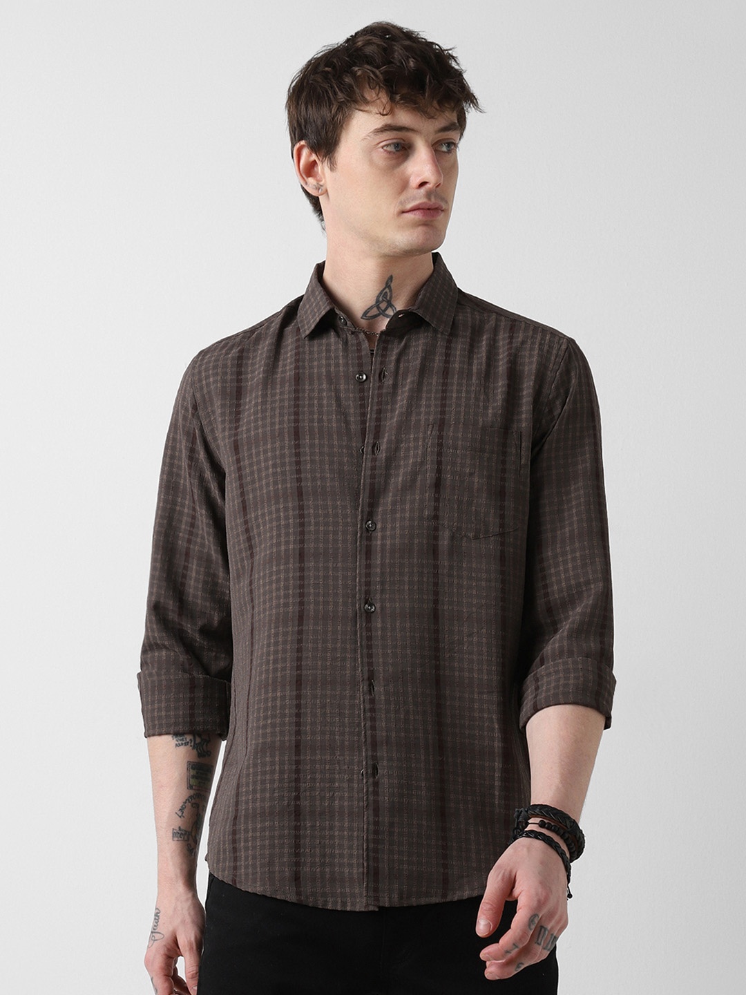 

VASTRADO Men Classic Slim Fit Opaque Checked Casual Shirt, Brown