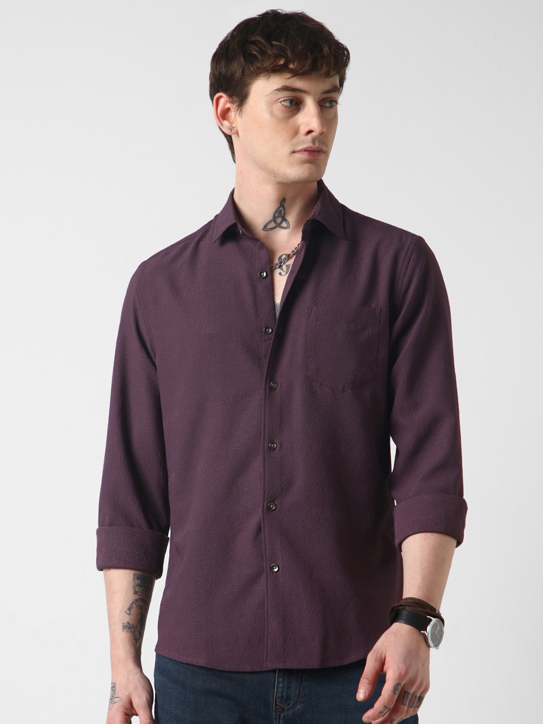 

VASTRADO Men Classic Slim Fit Self Design Casual Shirt, Purple