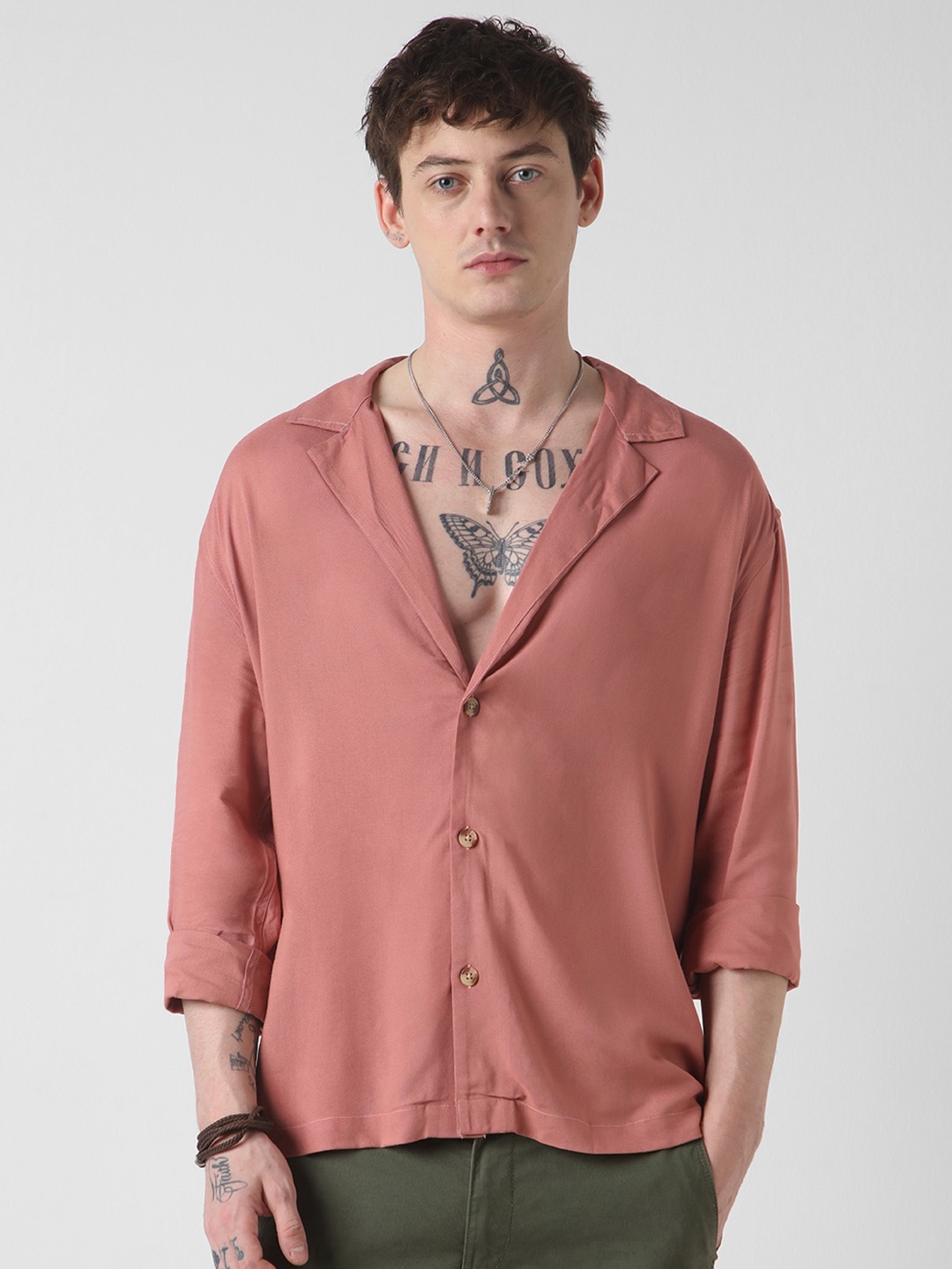 

VASTRADO Men Classic Solid Cuban Collar Casual Shirt, Pink