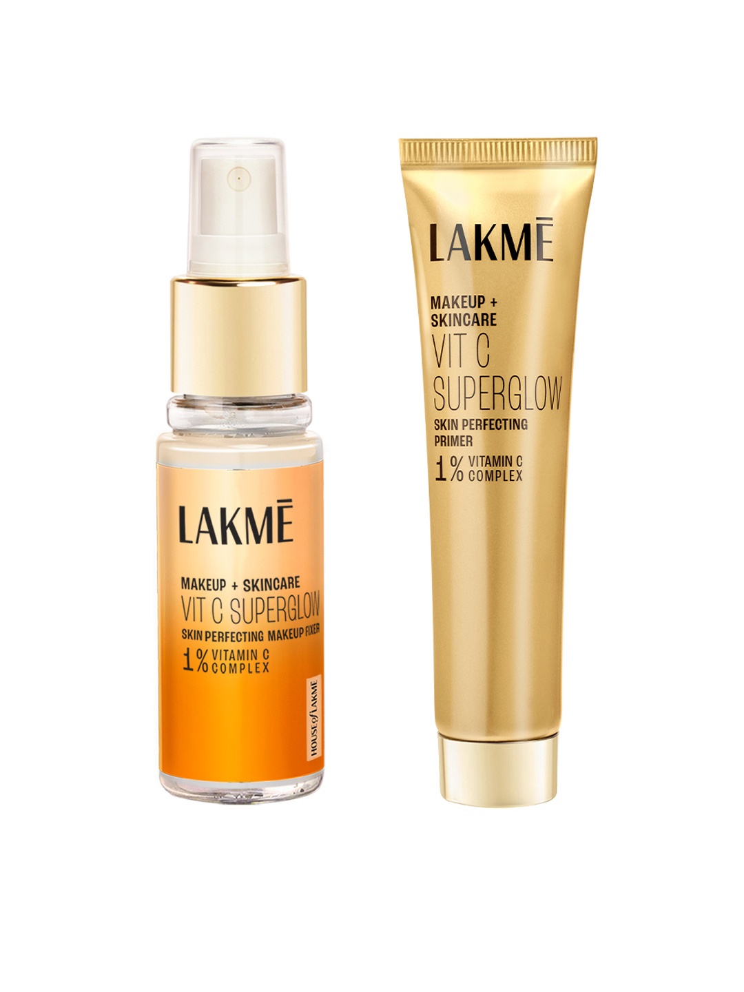 

Lakme Makeup+Skincare VitC Superglow Skin Perfecting Primer 30ml & Makeup Fixer 60ml, Gold