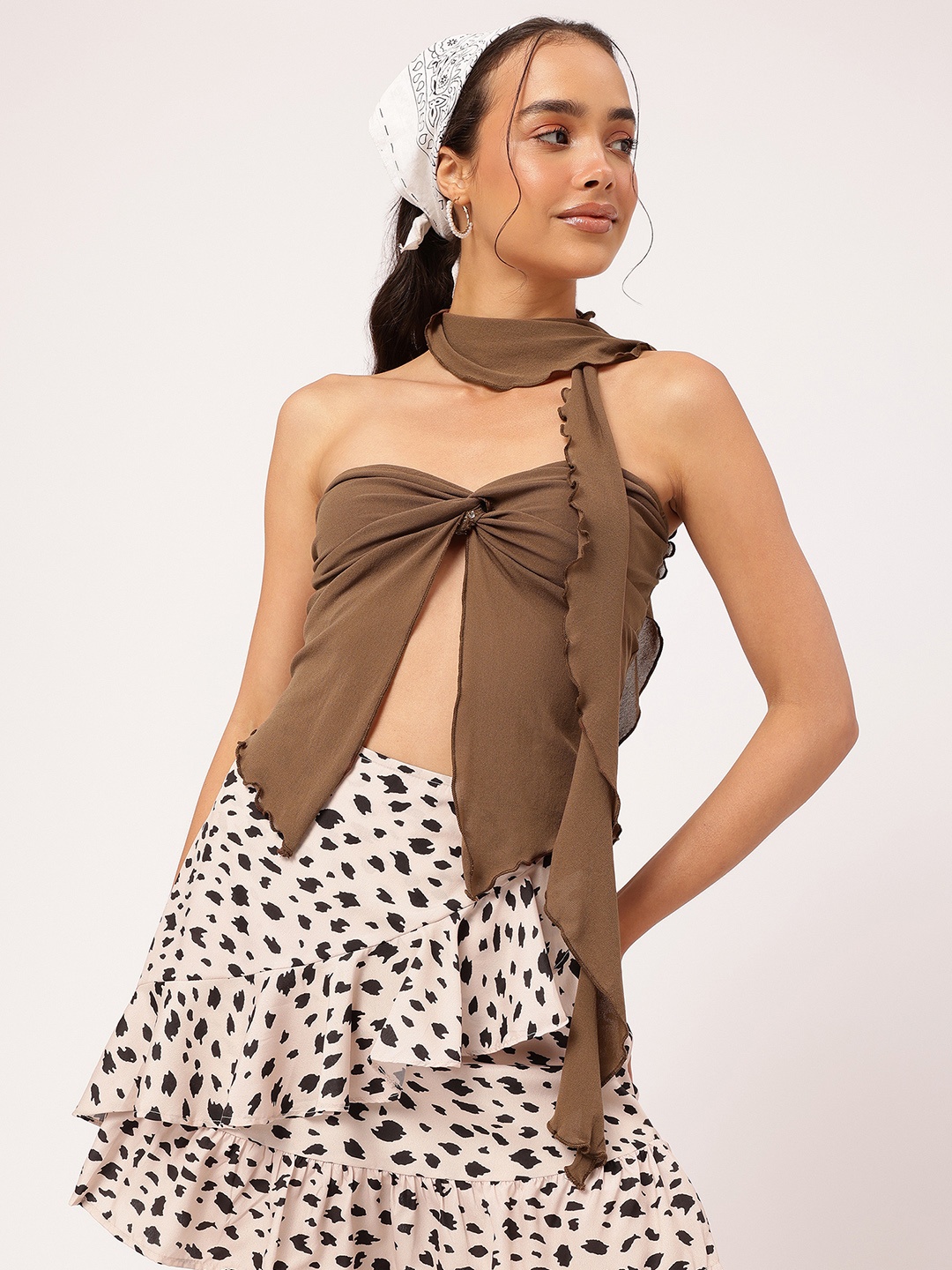 

DressBerry Y2K Sienna Twisted Front Slit Top with Scarf, Brown