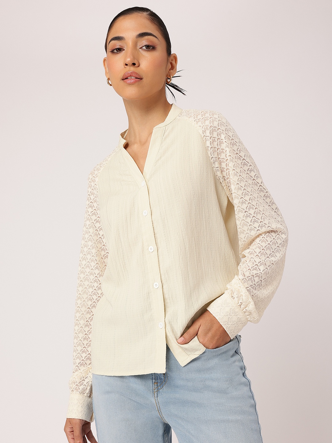 

DressBerry Lace-y Lady Glamourous Textured Shirt, Cream