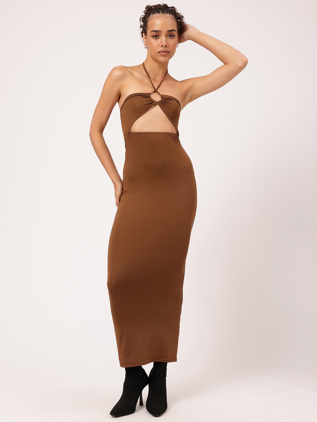 

Haltered Icon Daring Cut-Out Bodycon Maxi Dress, Brown