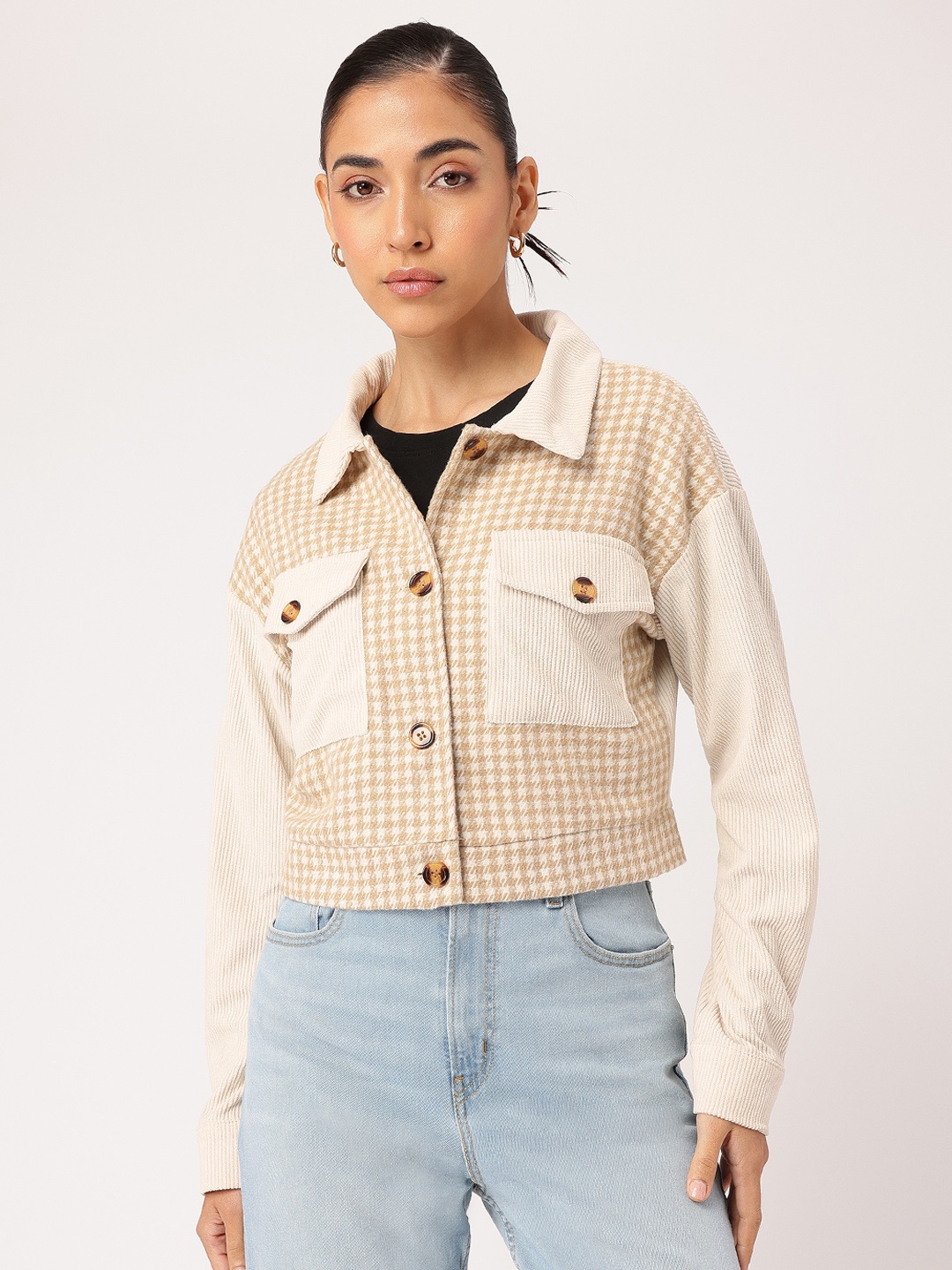 

DressBerry Y2K Revival Houndstooth Crop Tailored Jacket, Beige