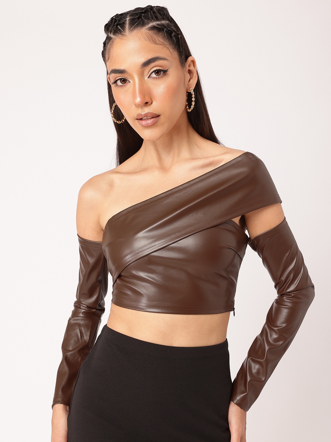 

DressBerry Leather Luxe One-Shoulder Top, Brown