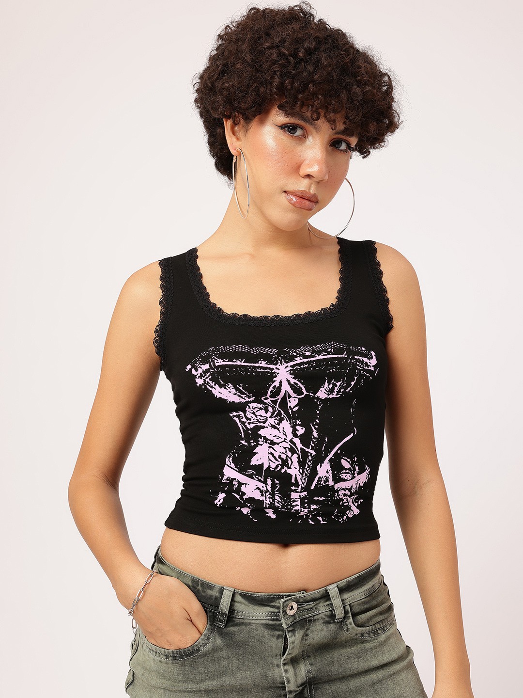 

DressBerry Graphic Graces Lace Inserts Printed Crop Top, Black