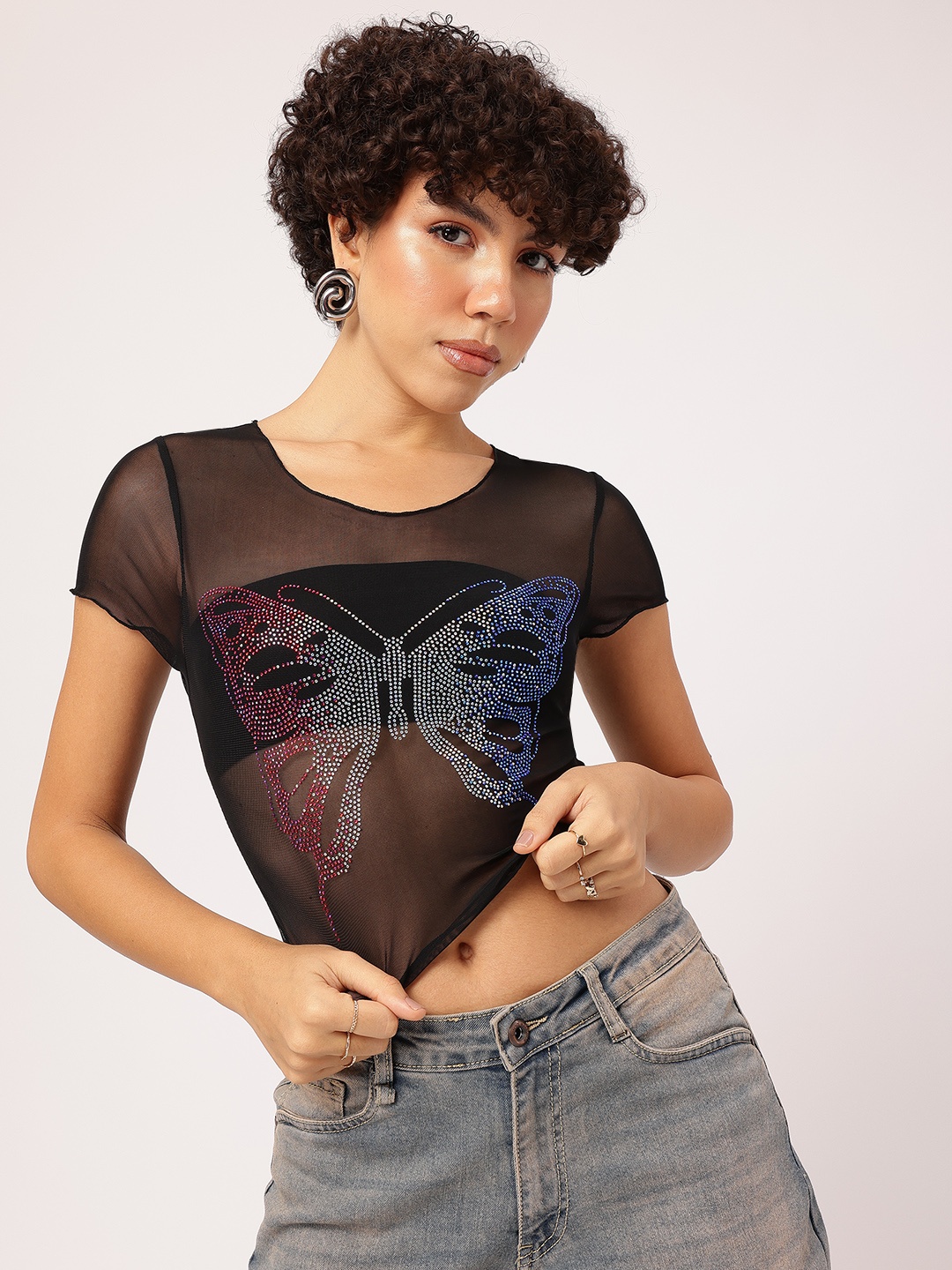 

DressBerry Glitter Girl Beaded Sheer Net Crop Top, Black