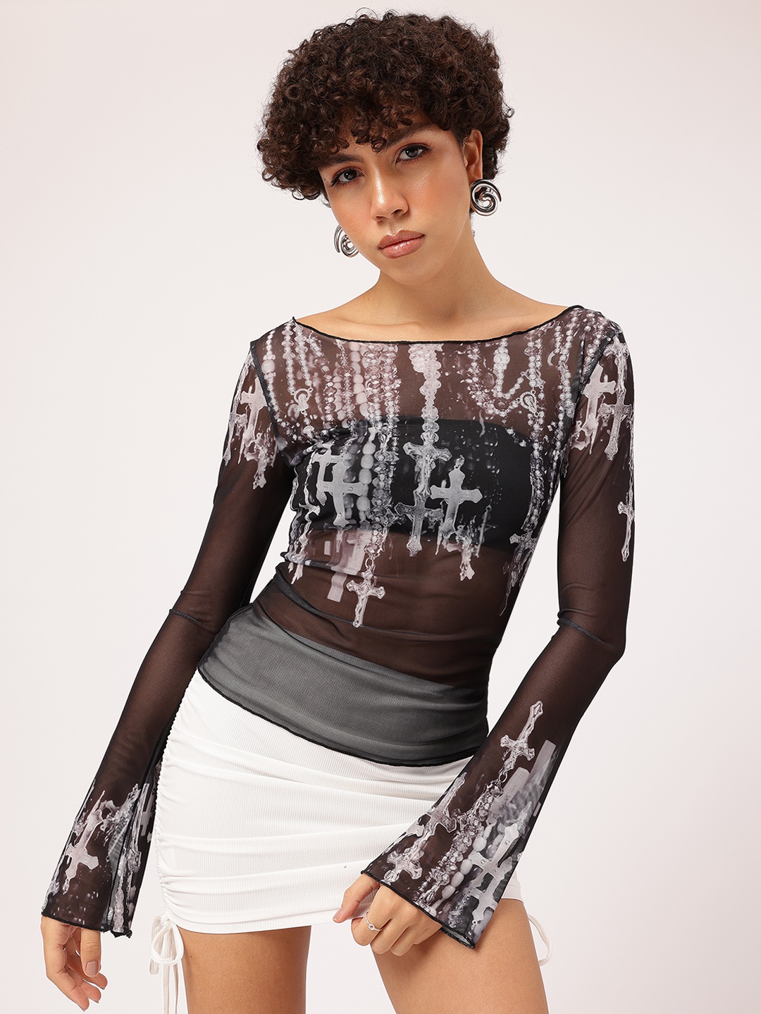 

DressBerry Sheer Delight Abstract Print Net Top, Black