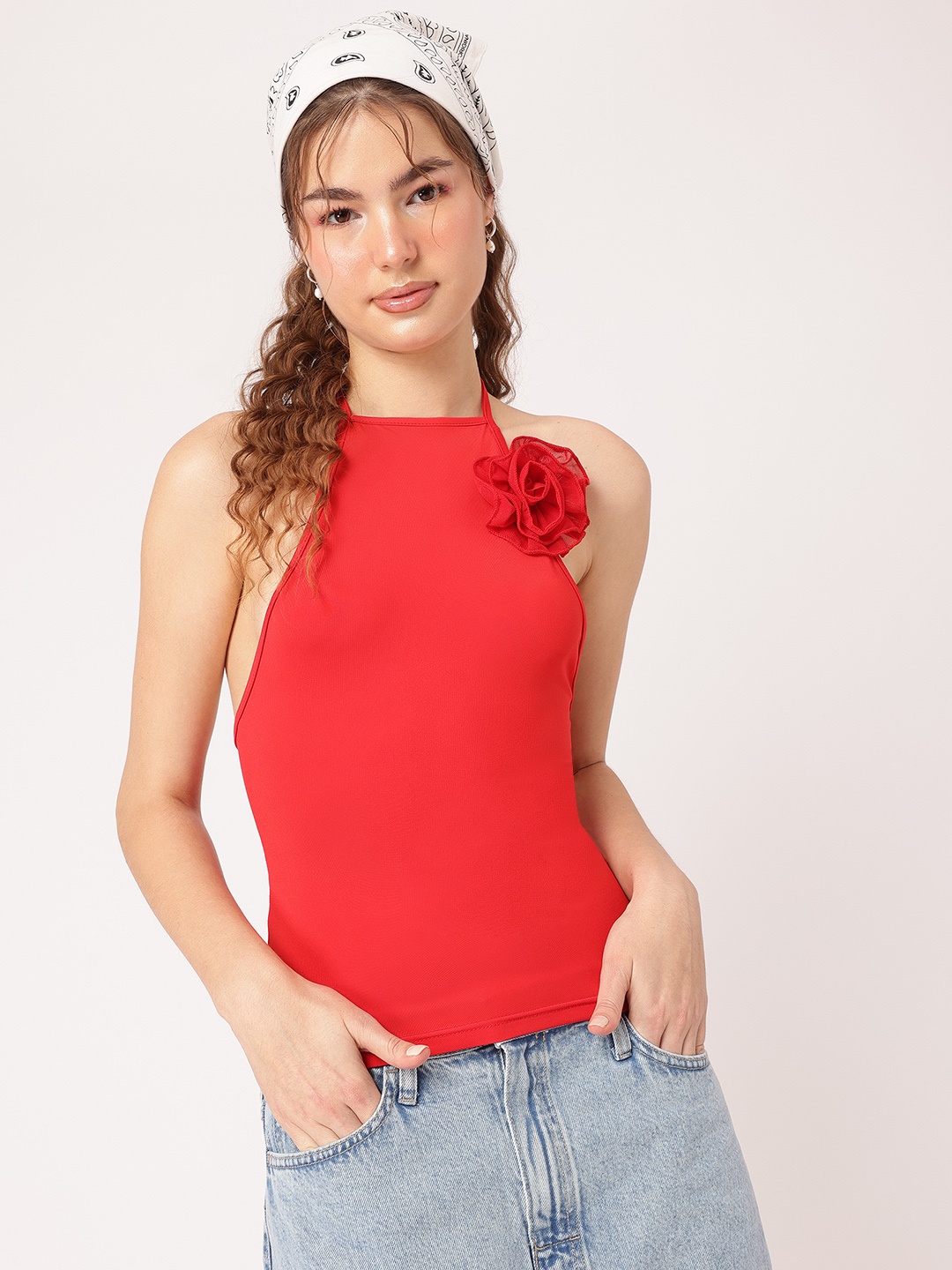 

DressBerry Scarlet Statement Applique-Detail Halter Neck Top, Red