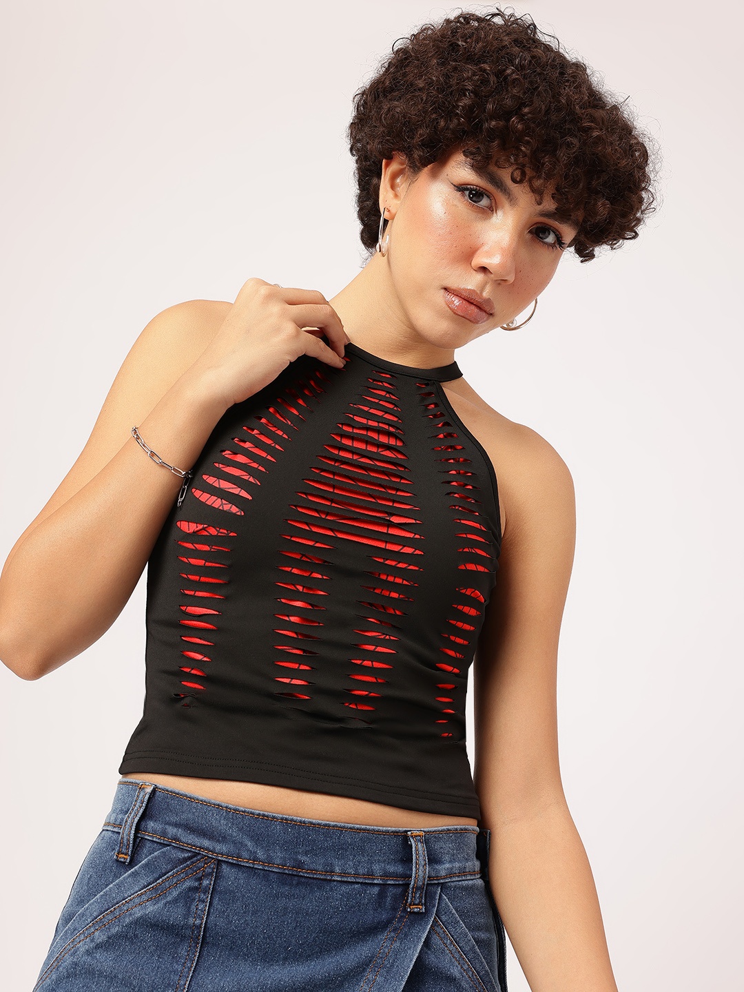 

DressBerry Spidey Sensation Halter Neck Fitted Top, Black