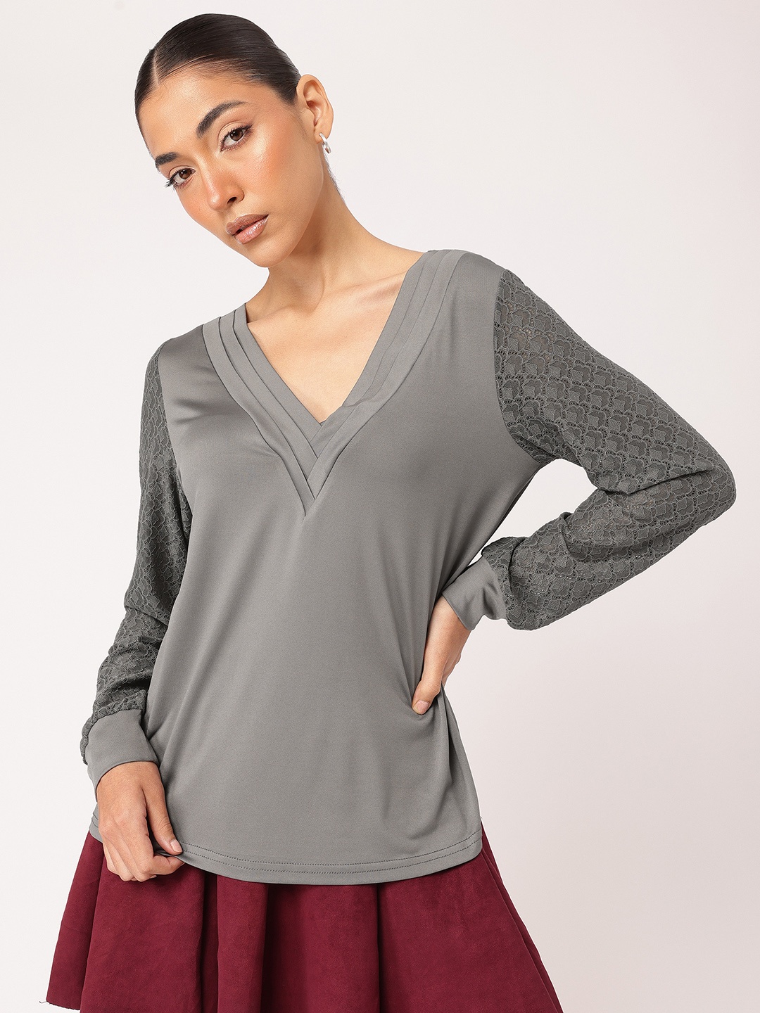 

DressBerry Lace Elegance V-Neck Top, Grey
