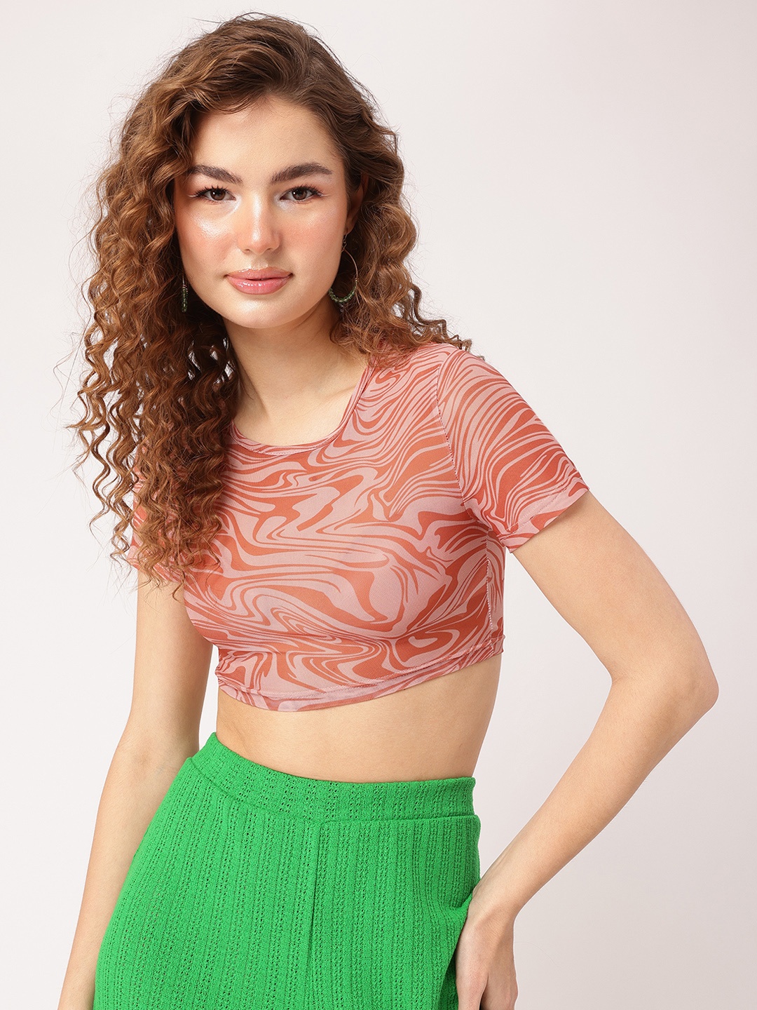 

DressBerry Abstract Art Y2K Groove Mesh Crop Top, Peach