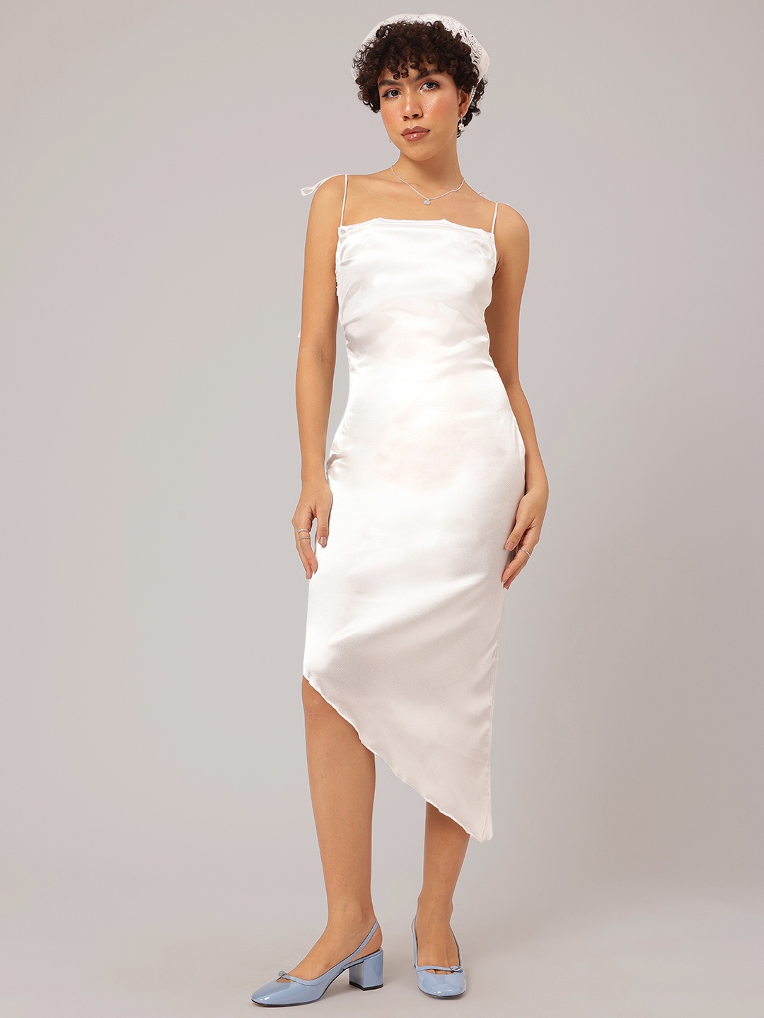 

DressBerry Satin Spark Tie-Up Straps Asymmetric Midi Slip Dress, White