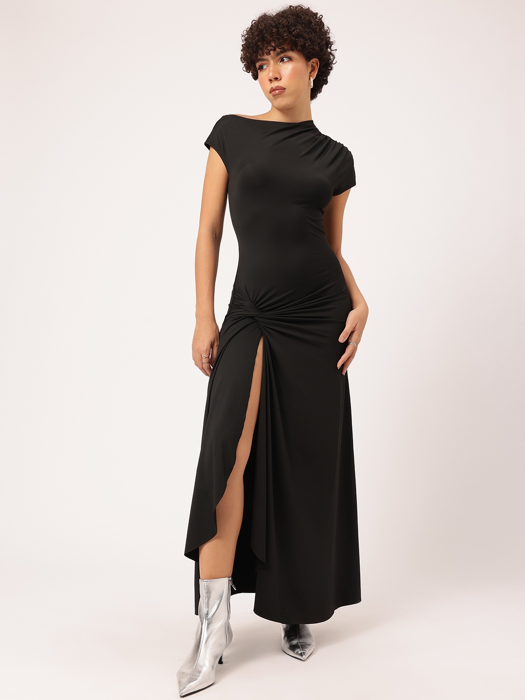 

DressBerry Millennial Mashup Twisted Front & Slit A-Line Maxi Dress, Black