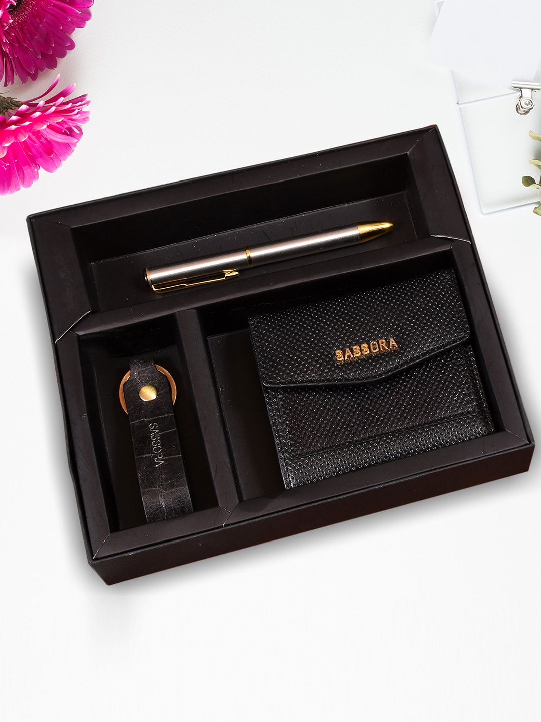 

Sassora Women Accessory Gift Set of Leather Wallet, Keychain & Pen Combo (Pack Of 3), Black