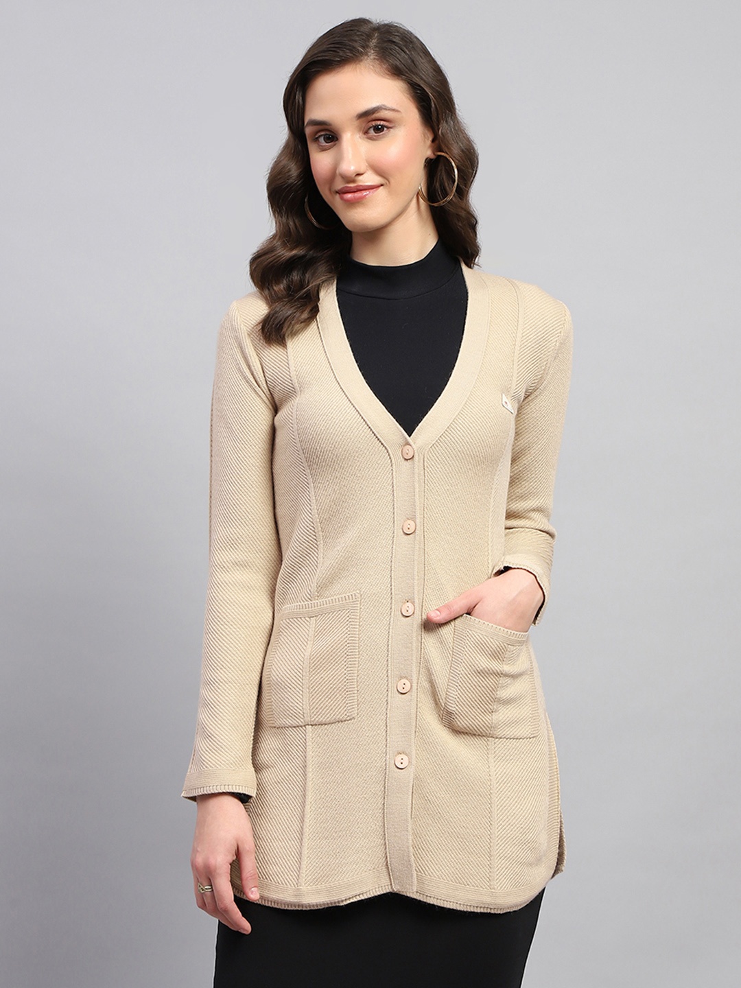 

Monte Carlo Self-Striped Longline Cardigan, Beige