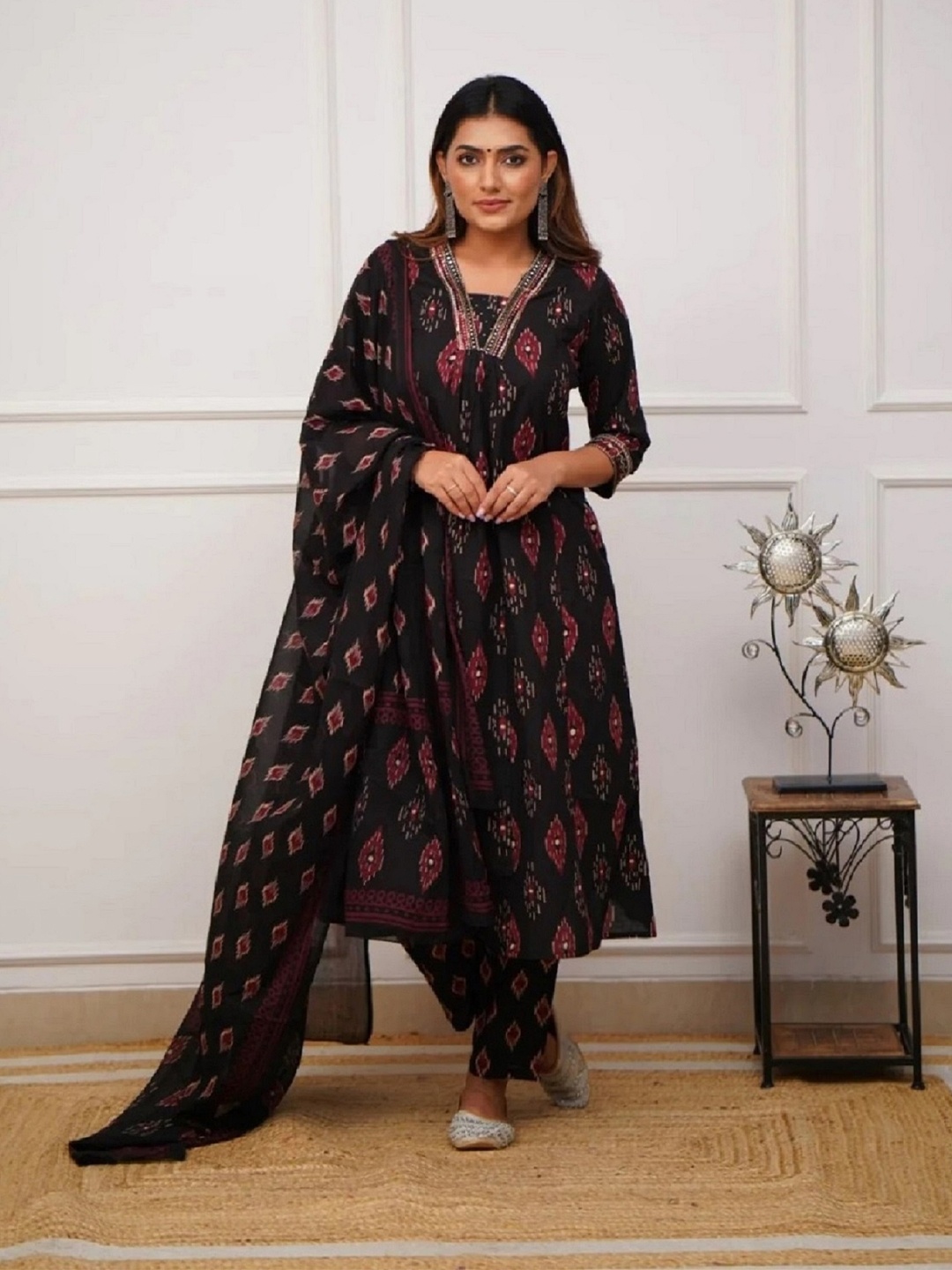 

KALINI Printed V-Neck Kurta with Trousers & Dupatta, Black