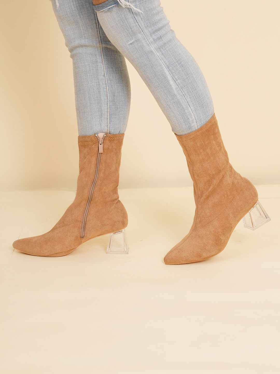 

Sherrif Shoes Women Casual High-Top Block-Heeled Chelsea Boots, Beige