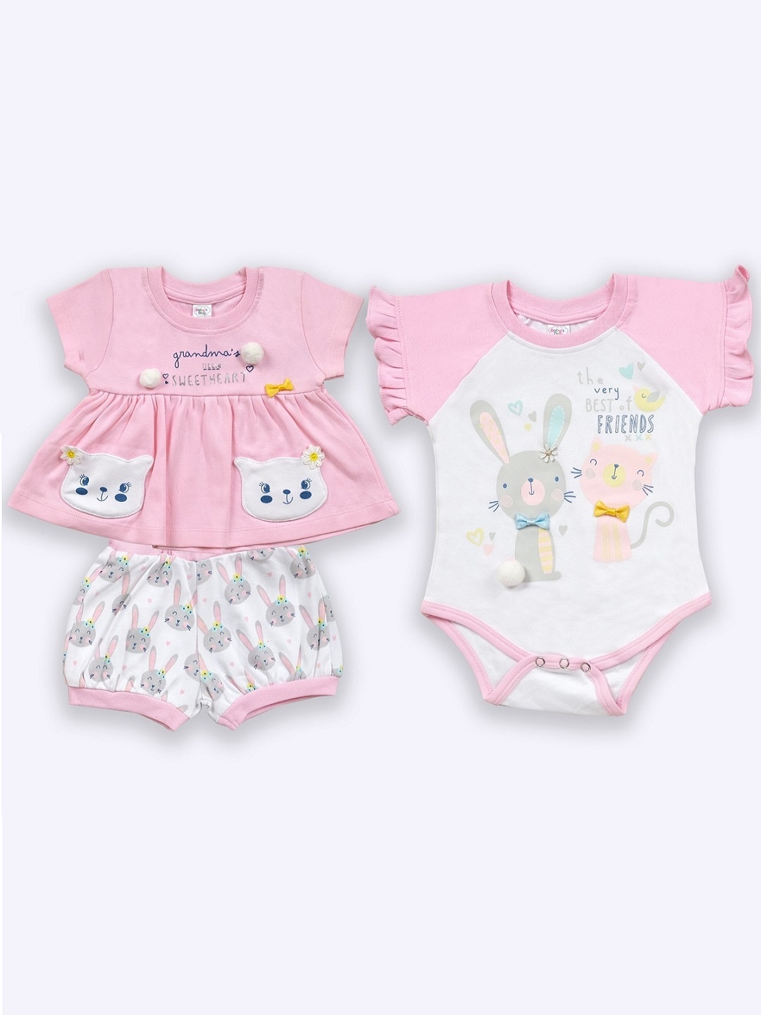 

Babys Day Girls 3 Pieces Pure Cotton T-shirt With Shorts & Bodysuit, Pink