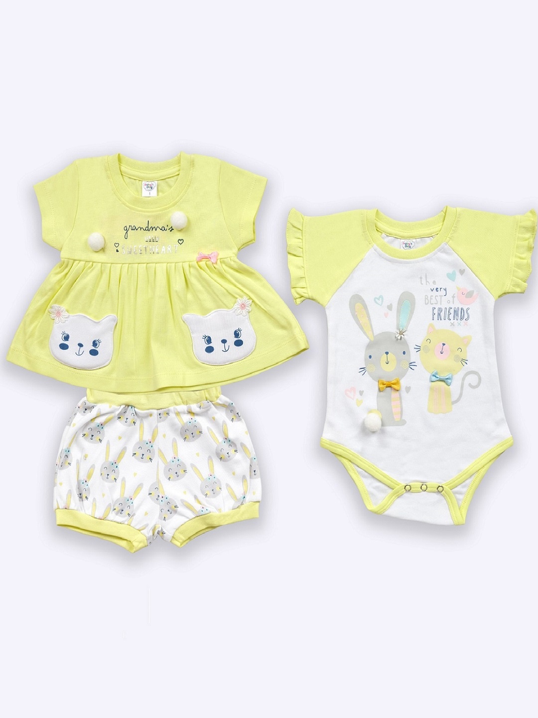 

Babys Day Girls 3 Pieces Pure Cotton T-shirt With Shorts & Bodysuit, Yellow