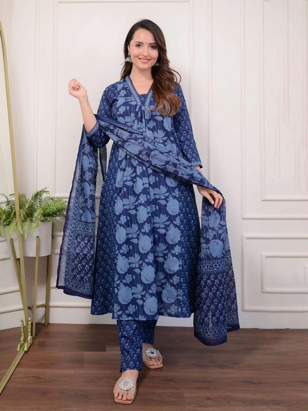 

KALINI Floral Printed V-Neck A-Line Kurta with Trousers & Dupatta, Blue