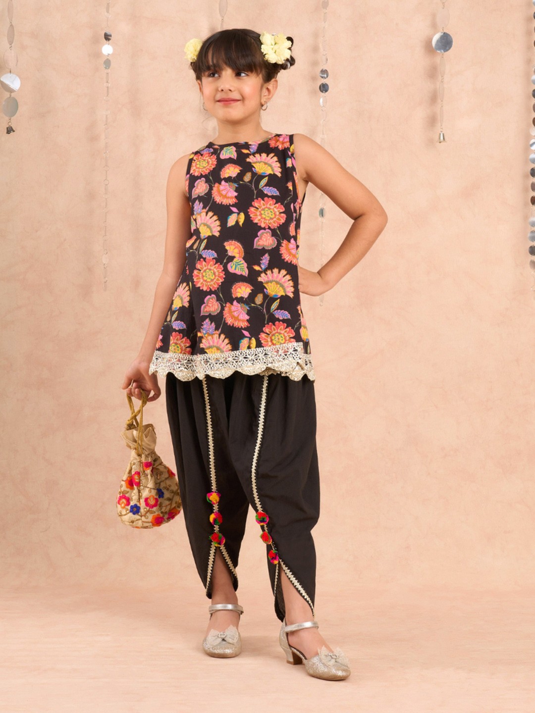 

LIL DRAMA Girls Floral Printed Pure Cotton Kurta with Dhoti Pants, Black