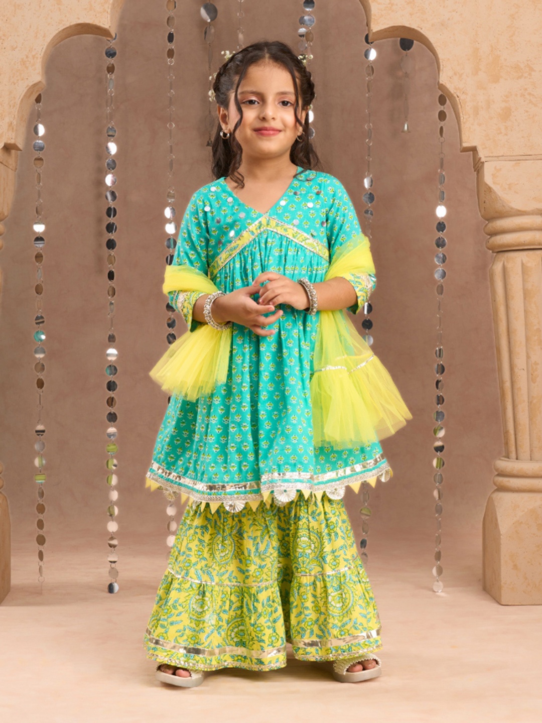 

LIL DRAMA Girls Floral Printed Mirror Work Pure Cotton Kurta with Sharara & Dupatta, Lime green