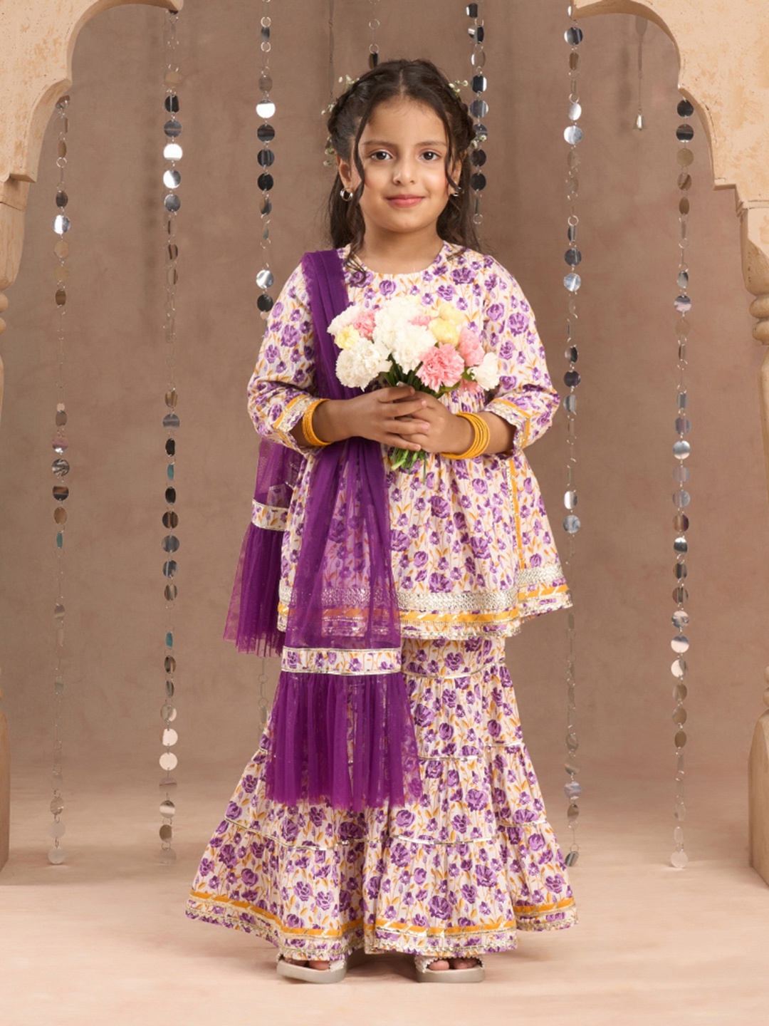 

LIL DRAMA Girls Floral Printed Gotta Patti Pure Cotton Kurta with Sharara & Dupatta, Lavender