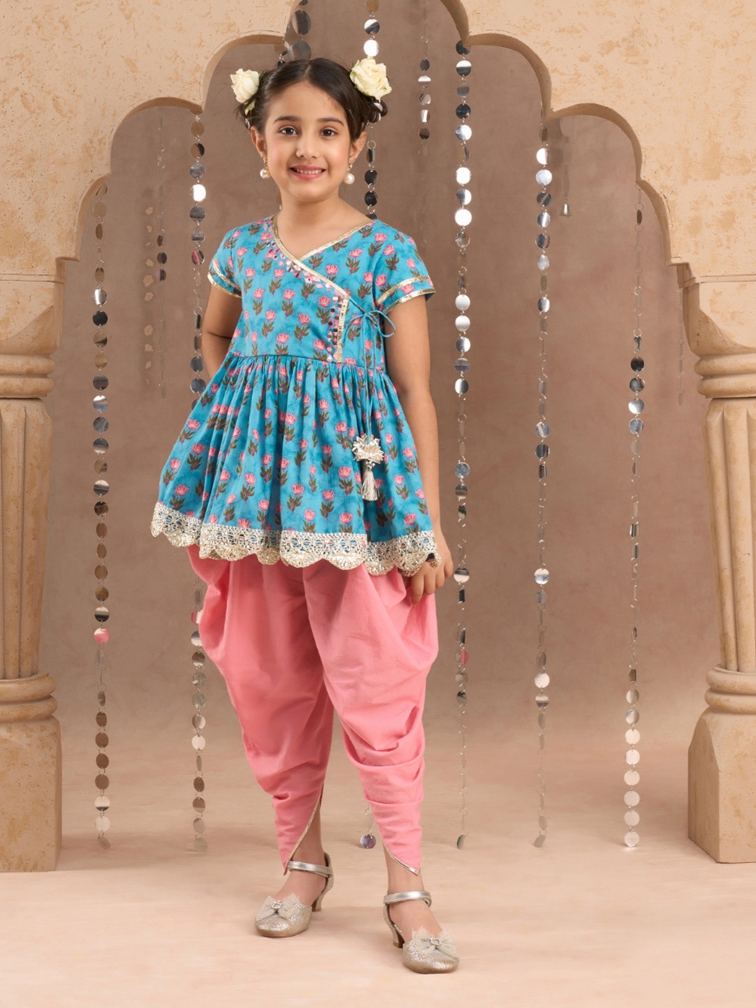 

LIL DRAMA Girls Floral Printed Gotta Patti Pure Cotton Kurta with Dhoti Pants, Blue