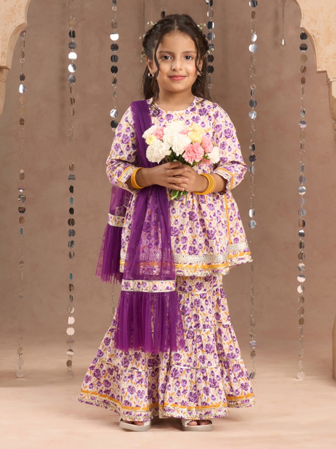 

LIL DRAMA Girls Floral Printed Gotta Patti Pure Cotton Kurta With Sharara & Dupatta, Lavender