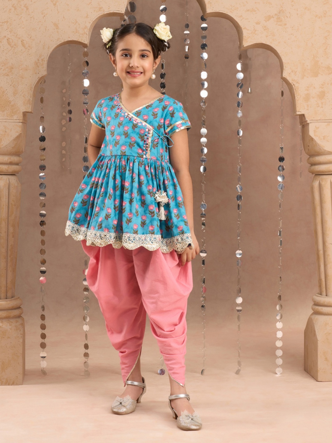 

LIL DRAMA Girls Floral Printed Gotta Patti Pure Cotton Anarkali Kurta With Dhoti Pant, Blue