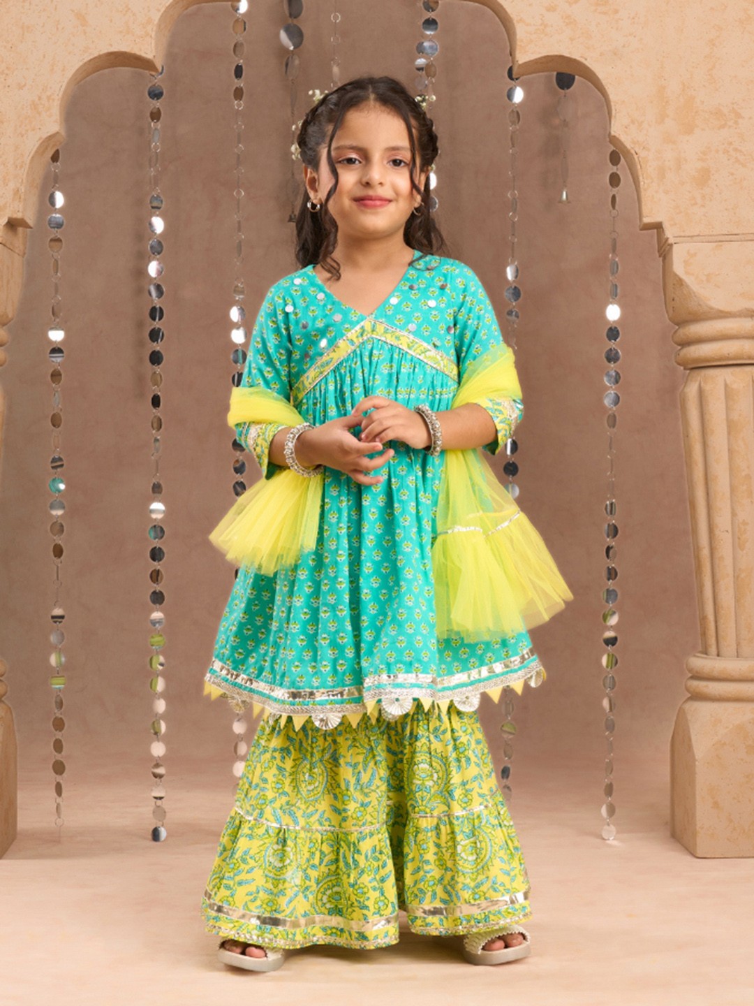 

LIL DRAMA Girls Floral Printed Mirror Work Pure Cotton A-Line Kurta With Sharara & Dupatta, Green