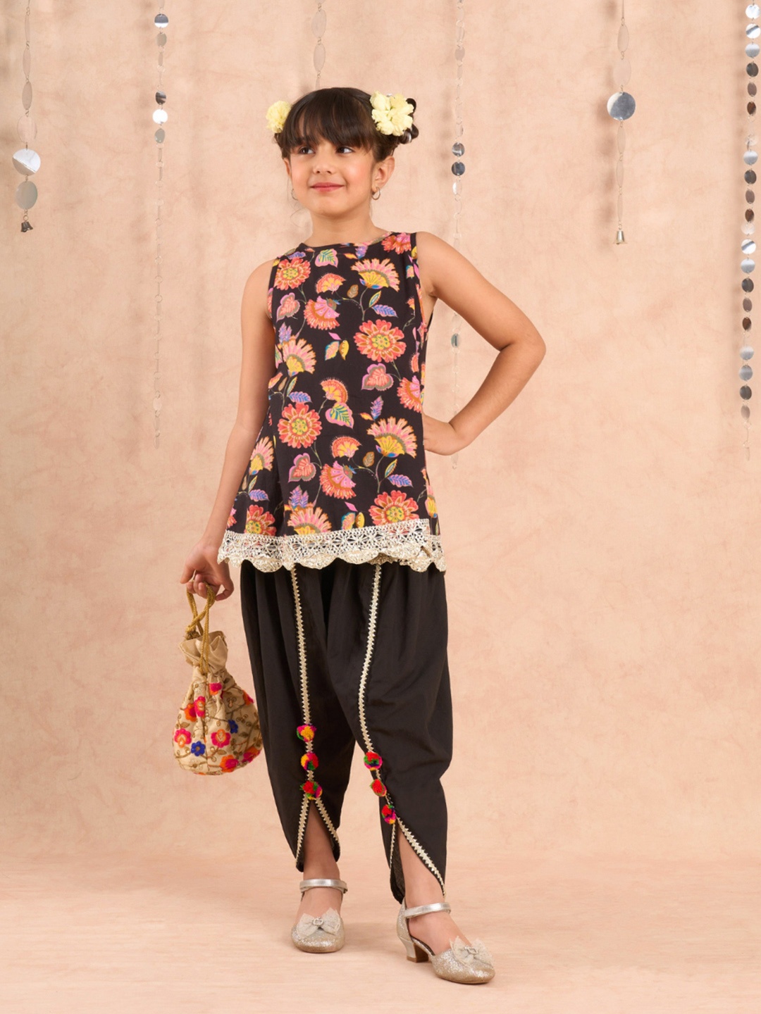 

LIL DRAMA Girls Floral Printed Gotta Patti Pure Cotton A-Line Kurta With Dhoti Pant, Black