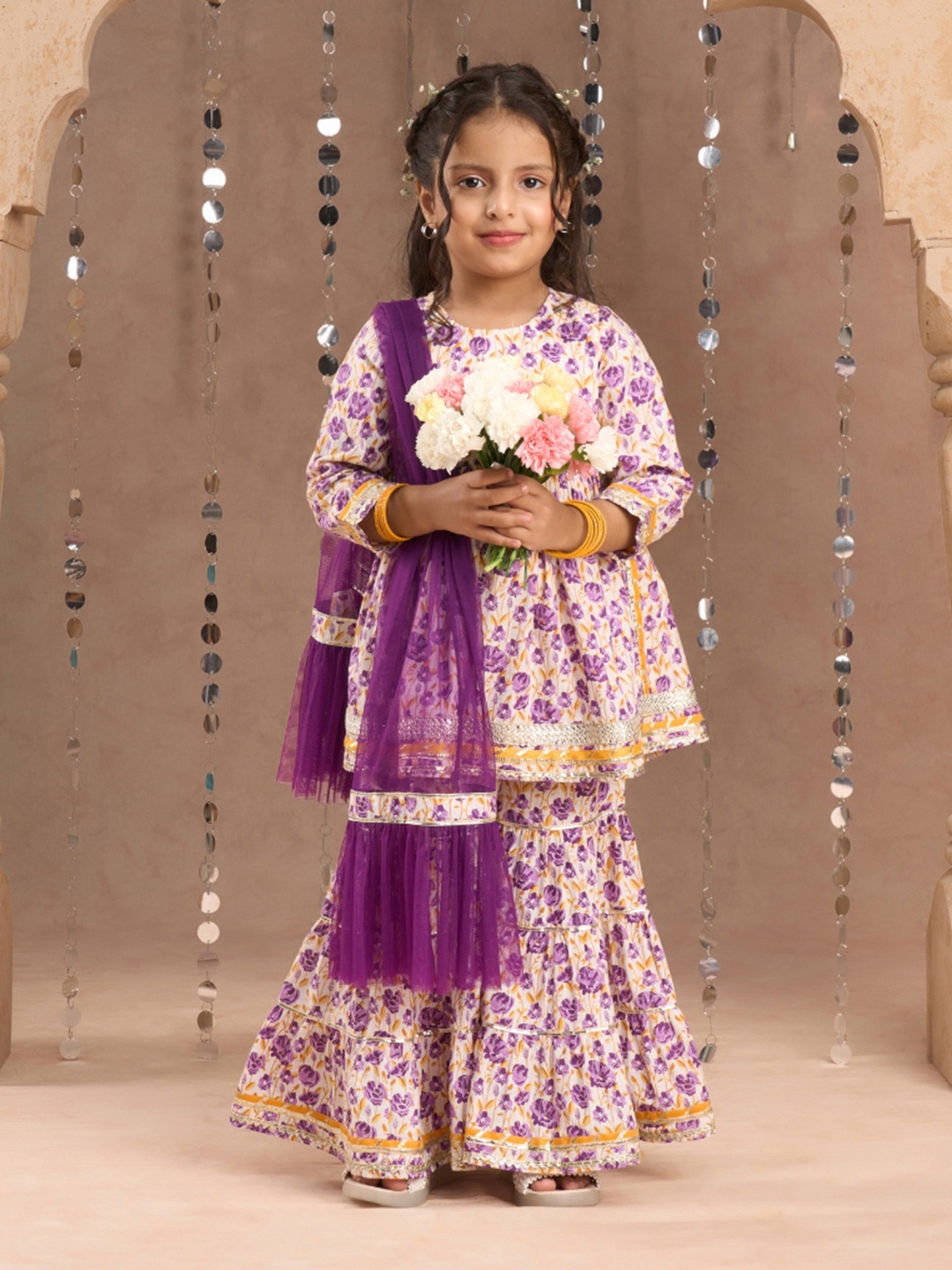 

LIL DRAMA Girls Floral Printed Gotta Patti Pure Cotton Kurta With Sharara & Dupatta, Lavender