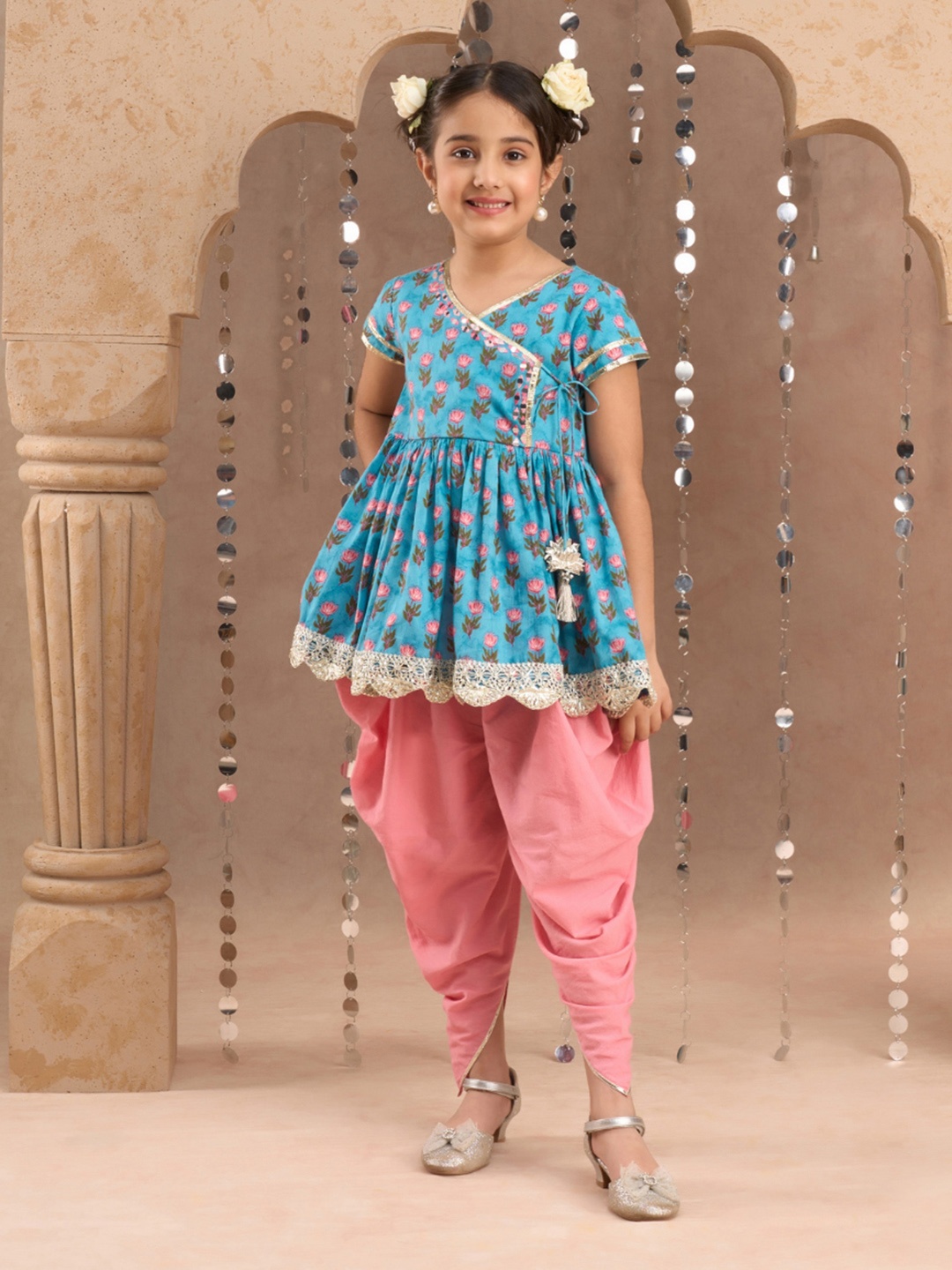 

LIL DRAMA Girls Floral Printed Gotta Patti Pure Cotton Anarkali Kurta With Dhoti Pant, Blue