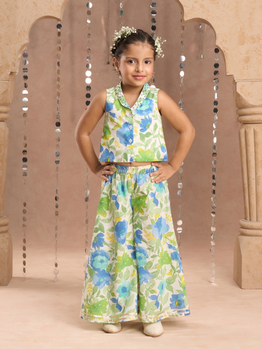 

LIL DRAMA Girls Printed Pure Cotton Top with Palazzos, Green