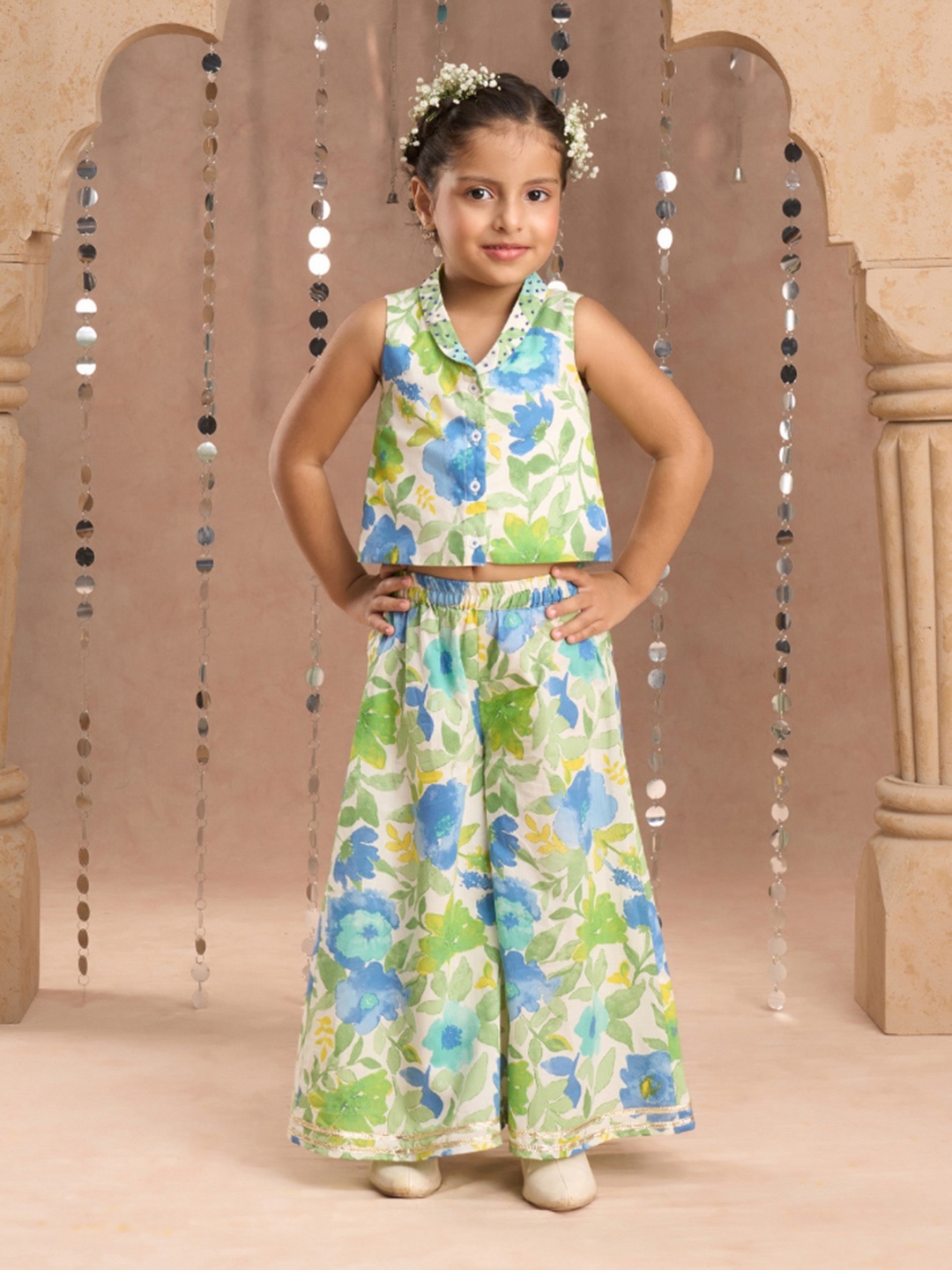 

LIL DRAMA Girls Printed Pure Cotton Top with Palazzos, Green