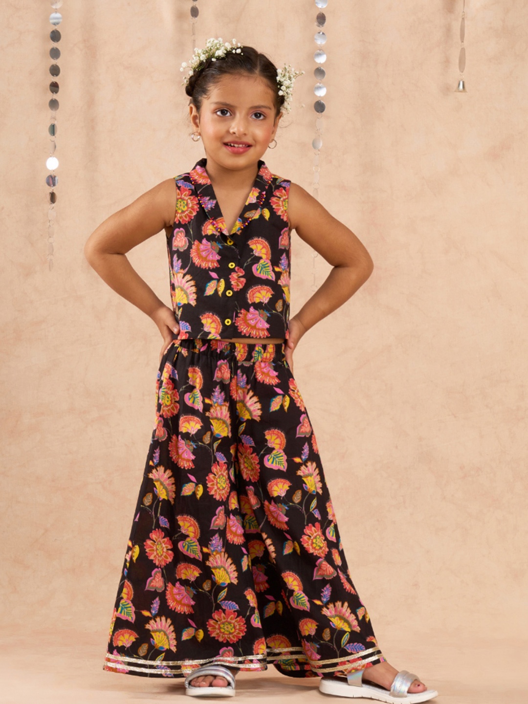 

LIL DRAMA Girls Printed Pure Cotton Top with Palazzos, Black