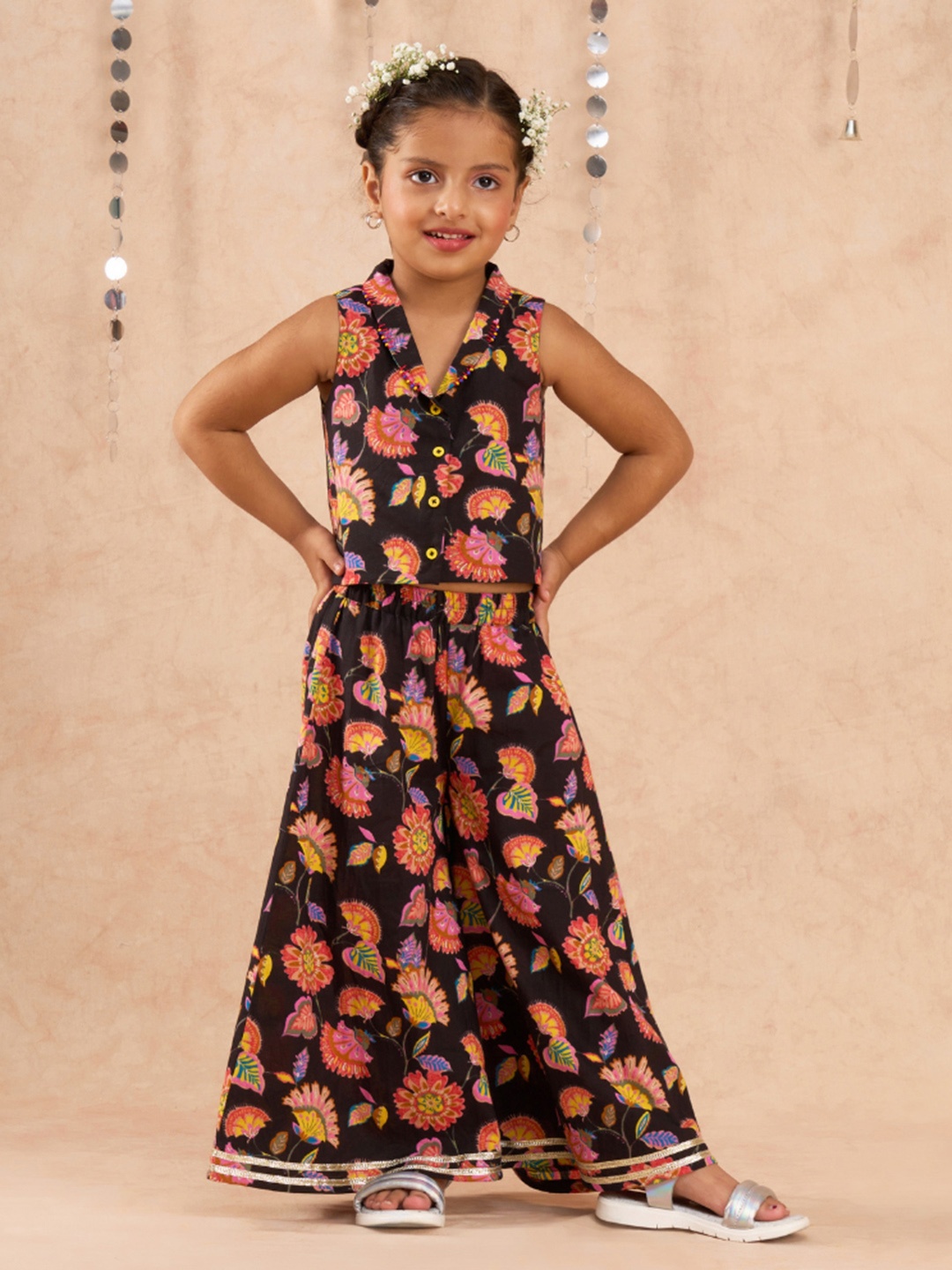 

LIL DRAMA Girls Printed Pure Cotton Top with Palazzos, Black