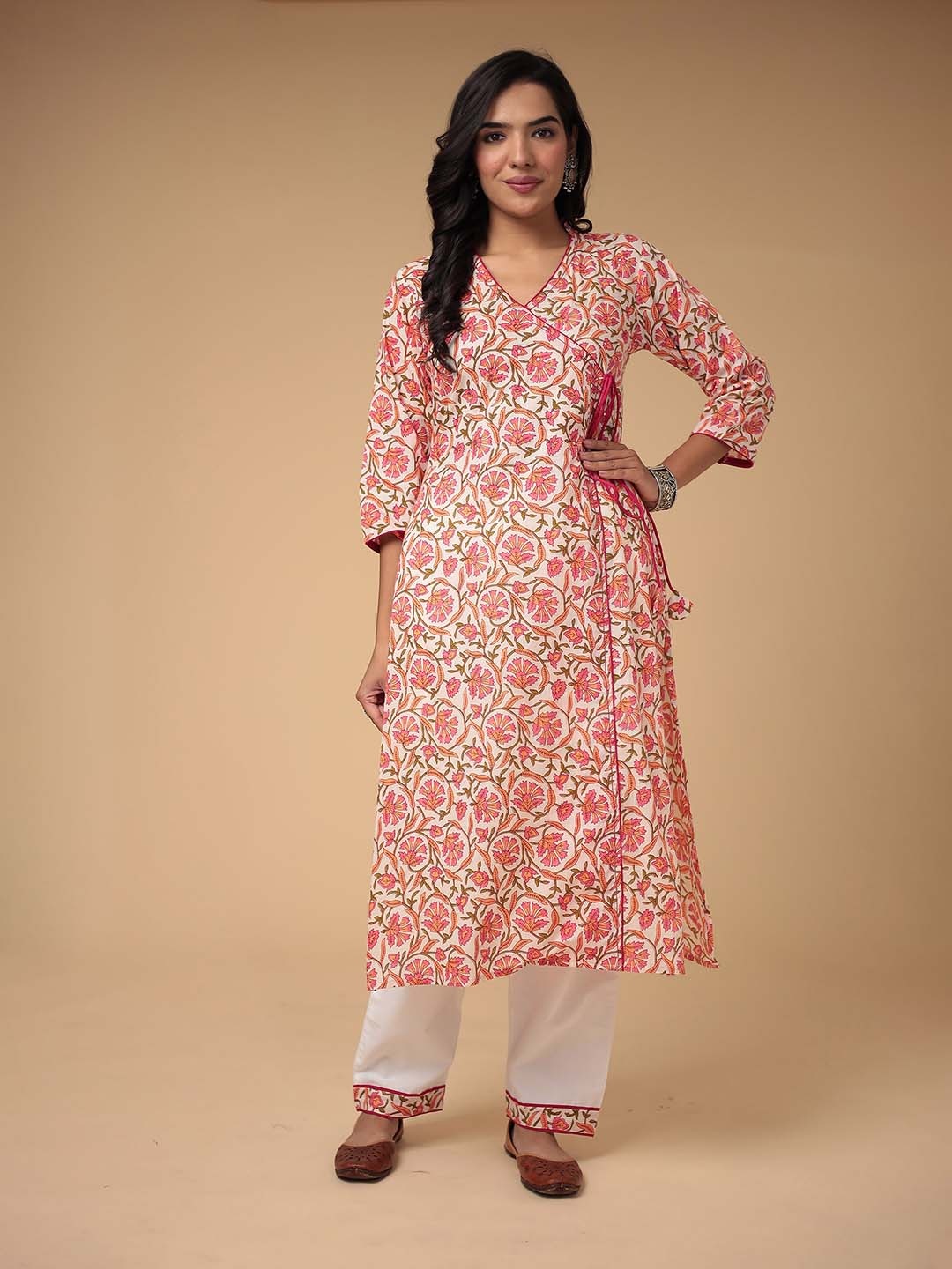 

ZARI Floral Printed Pure Cotton Unstitched Dress Material, Cream