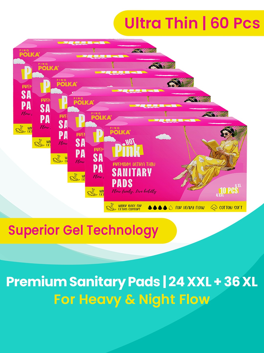

PINQ 60 Pads Premium Ultra Sanitary Pads Cotton Feel For Women 36 (Xl) + 24 (Xxl), Pink