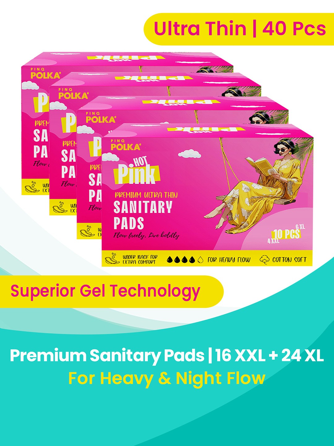 

Pinq 40 Pcs Premium Ultra Sanitary Pads Cotton Feel for Women 24(xl) + 16(xxl), Pink